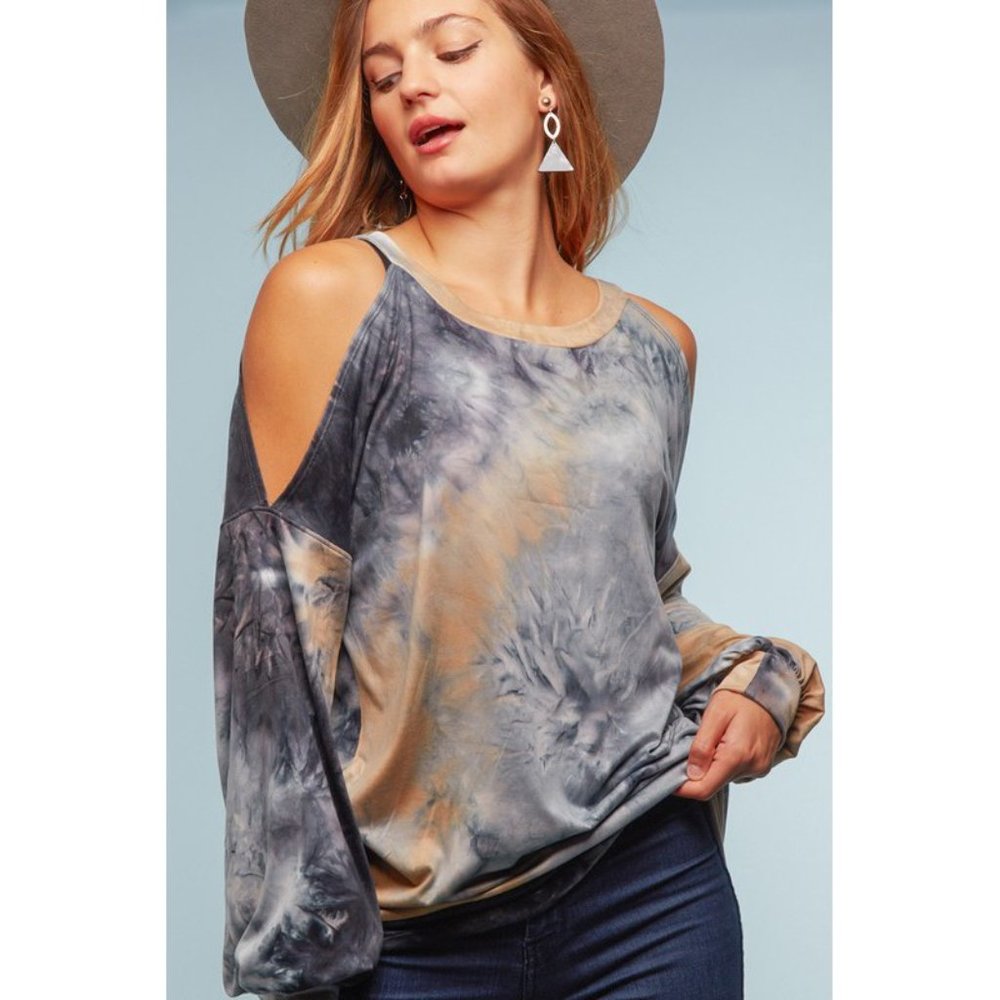 Bubble Sleeve Tie Dye Cold Shoulder Top - Picture 4 of 9